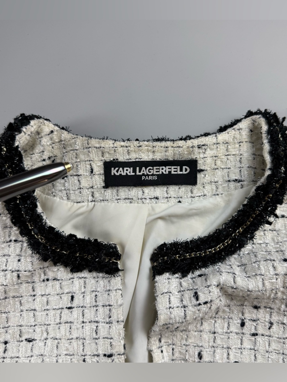 Karl Lagerfeld Paris Tweed Cropped Jacket Trim Bouclé Blazer M Old Money - Picture 6 of 9